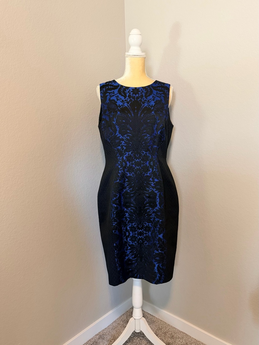 Hobbs London "Cleo" Dress - Royal Blue & Black Damask Sheath -Size 10
